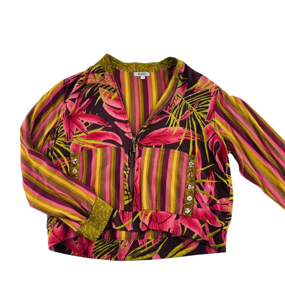 Vintage Faith Women's Windbreaker Jacket‎ M Tropical Floral & Stripes Multicolor